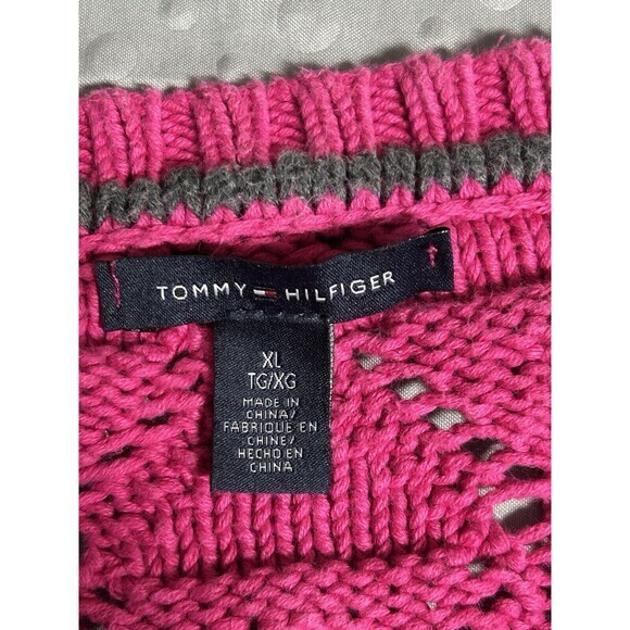 Tommy Hilfiger Womens Sz XL Sweater Long Sleeves Fuchsia Pink Open Knit Pattern - Picture 7 of 7